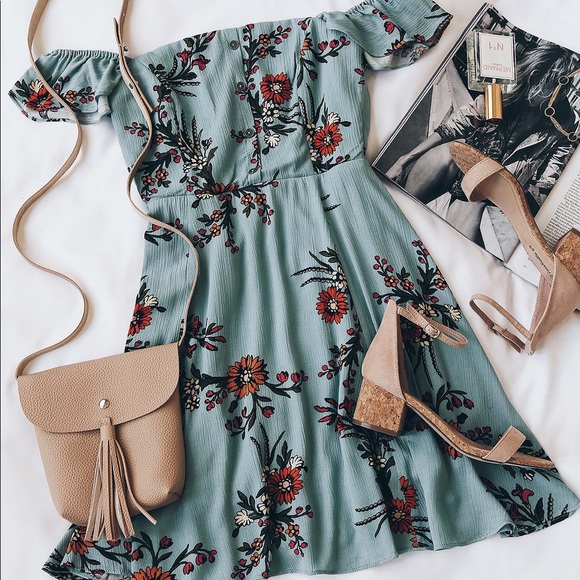 Lulus Dresses & Skirts - LIGHT BLUE FLORAL PRINT OFF-THE-SHOULDER DRESS